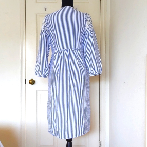 NWOT. Zara Long Sleeve V-Neck Midi Dress with Stripes and Floral Embroidery. - Picture 2 of 7